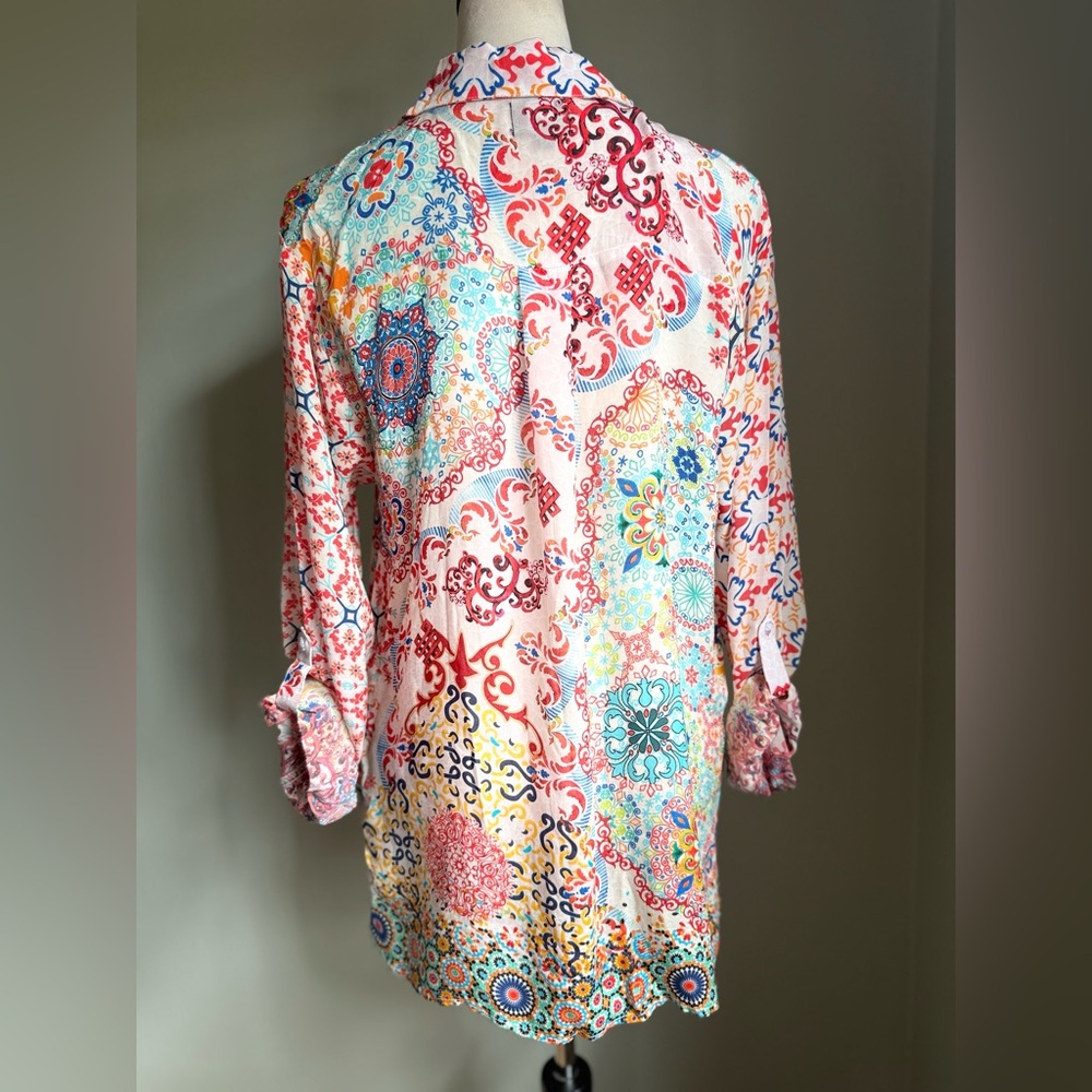 Y2K  Colorful Paisley button  whimsi Blouse silk boho cottagecore medium‎ red - Picture 2 of 5